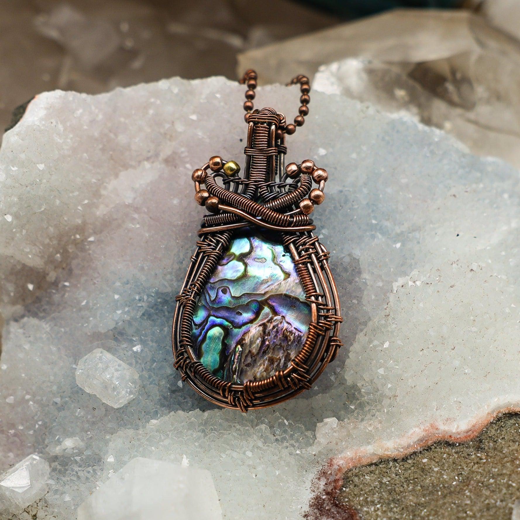 Paua Shell Wire Wrap Crystal Pendant