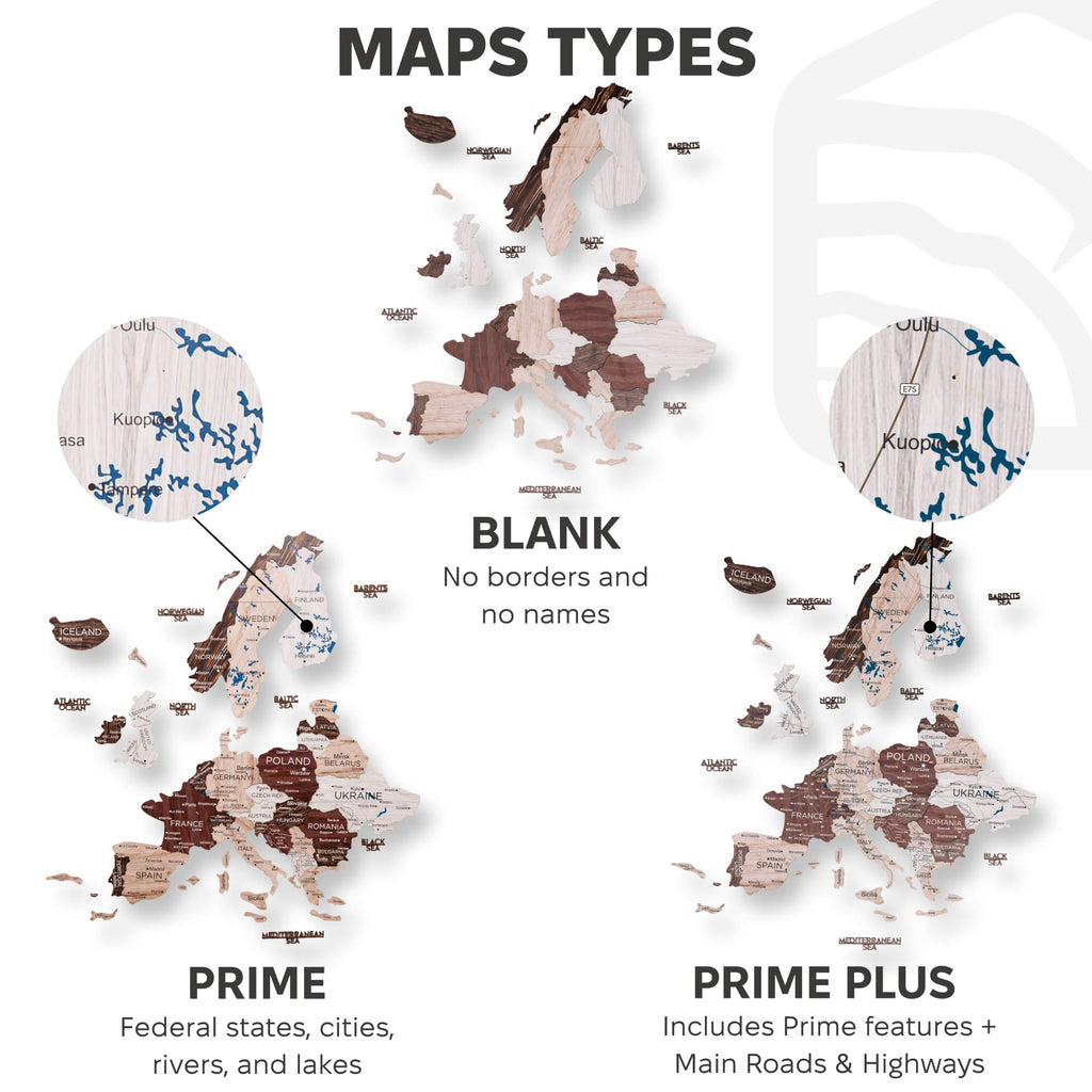 3D Europe Wooden Map Cappuccino