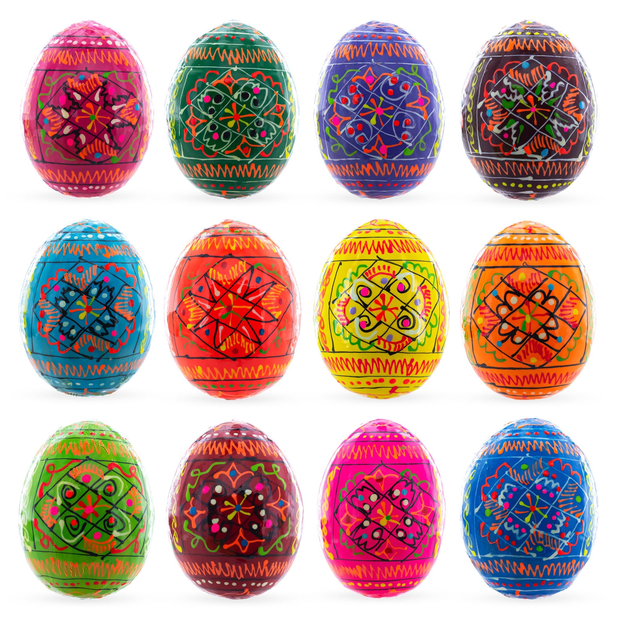 Set of 12 Geometrical Wooden Ukrainian Easter Eggs Pysanky 2.5 Inches