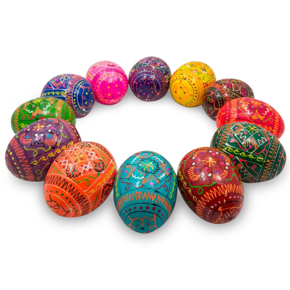 Set of 12 Geometrical Wooden Ukrainian Easter Eggs Pysanky 2.5 Inches