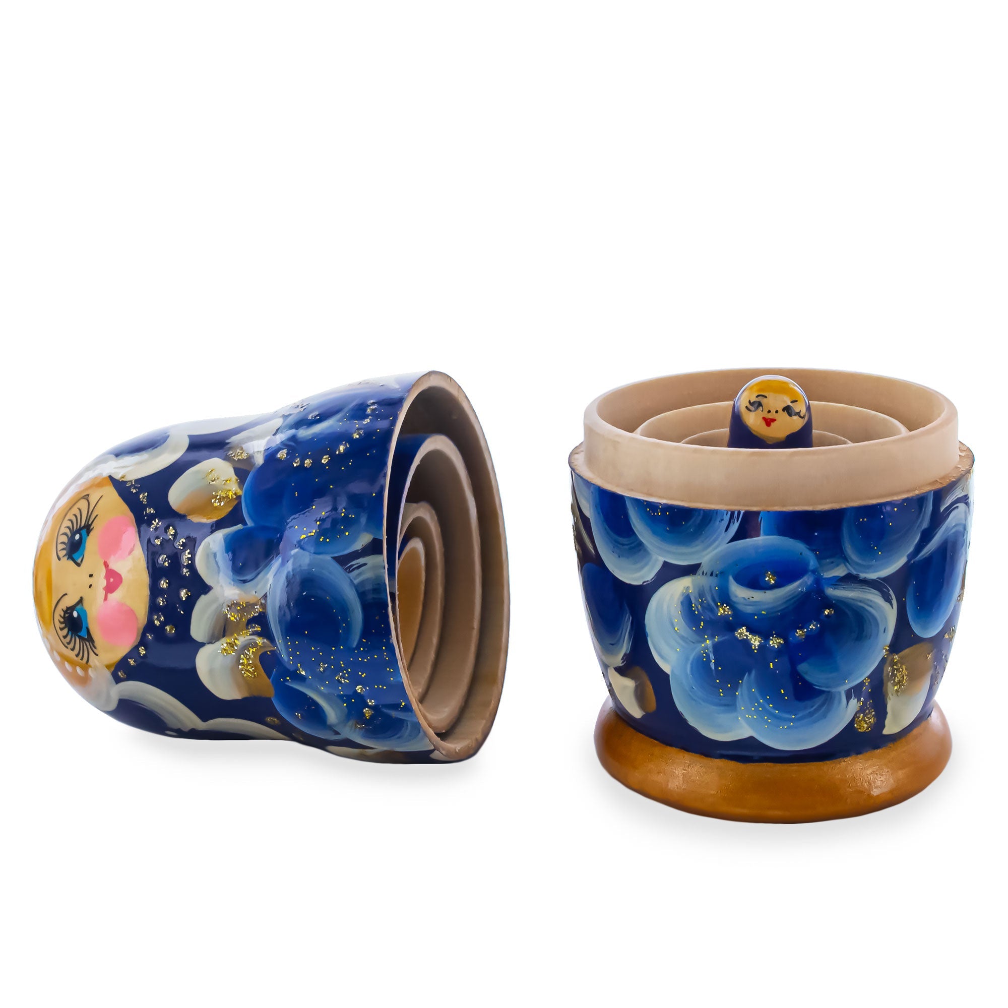 Blue Color with Blue Flowers Wooden  Nesting Dolls