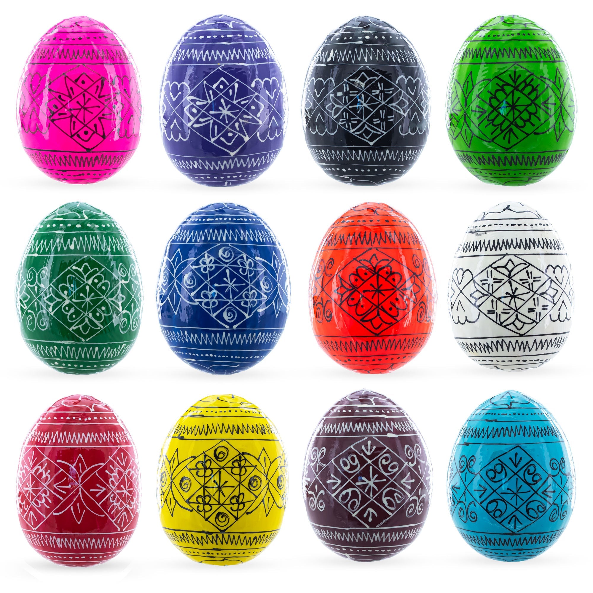 Set of 12 Multicolored Hand Painted Ukrainian Wooden Easter Eggs 2.5 Inches