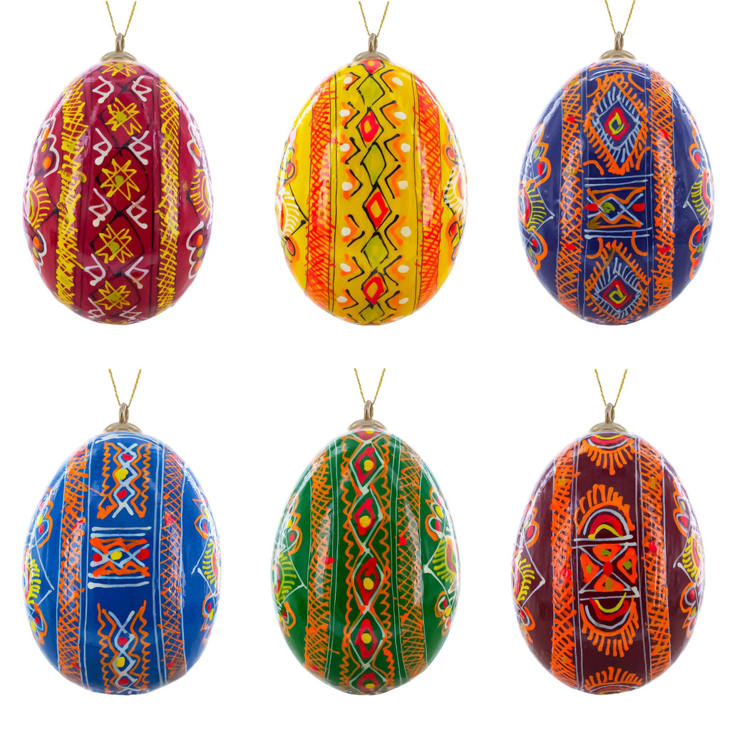 Set of 6 Ukrainian Wooden Easter Egg Ornaments 2.5 Inches